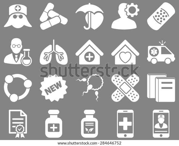 Medical icon set. Style: icons drawn with\
white color on a gray\
background.