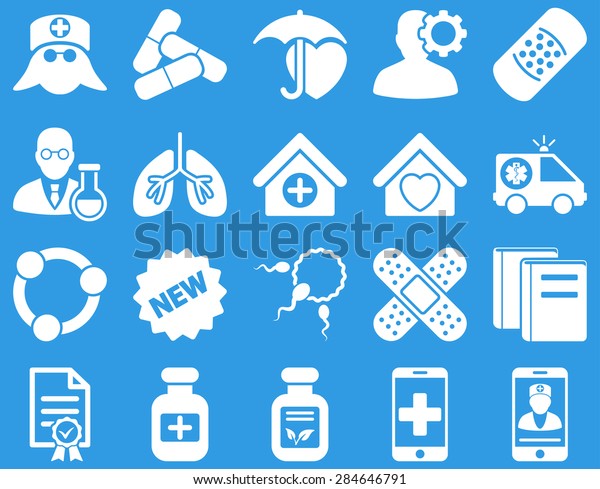 Medical icon set. Style: icons drawn with\
white color on a blue\
background.
