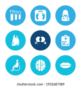 Medical icon set and test tubes with doctor, disability and brain. Mind related medical icon vector for web UI logo design.
