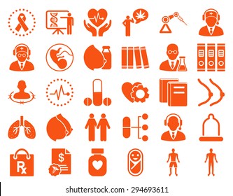 Medical Icon Set. These flat icons use orange color. Vector images are isolated on a white background. 