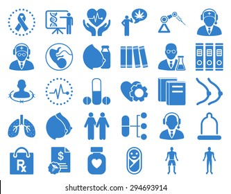 Medical Icon Set. These flat icons use cobalt color. Vector images are isolated on a white background. 