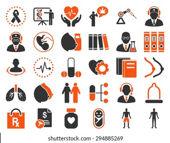 Medical Icon Set. These flat bicolor icons use orange and gray colors. Vector images are isolated on a white background. 