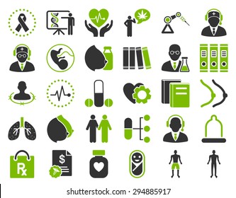 Medical Icon Set. These flat bicolor icons use eco green and gray colors. Vector images are isolated on a white background. 