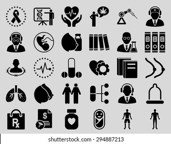 Medical Icon Set. These flat icons use black color. Vector images are isolated on a light gray background. 