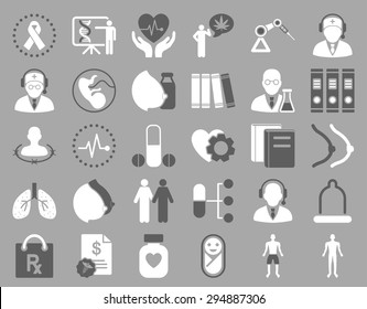 Medical Icon Set. These flat bicolor icons use dark gray and white colors. Vector images are isolated on a silver background. 