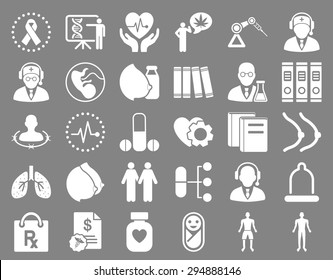 Medical Icon Set. These flat icons use white color. Vector images are isolated on a gray background. 