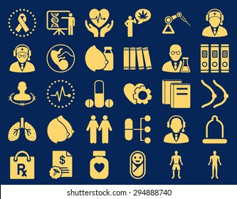 Medical Icon Set. These flat icons use yellow color. Vector images are isolated on a blue background. 