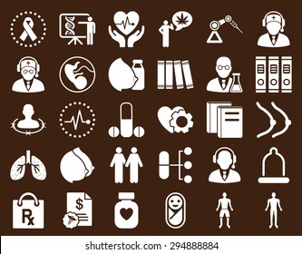 Medical Icon Set. These flat icons use white color. Vector images are isolated on a brown background. 
