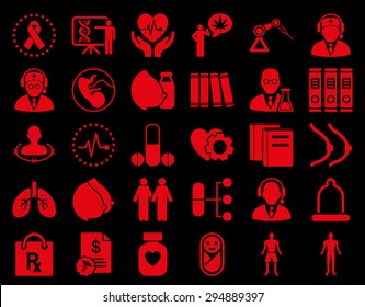 Medical Icon Set. These flat icons use red color. Vector images are isolated on a black background. 