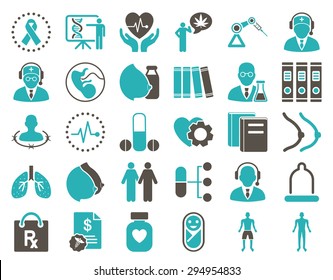 Medical Icon Set. These flat bicolor icons use grey and cyan colors. Vector images are isolated on a white background. 