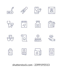 Medical icon set. Thin line icon. Editable stroke. Containing rapid test, health check, sphygmomanometer, medicine, tweezers, medical, x ray, medical record, insurance, medical history, doctor