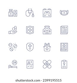 Medical icon set. Thin line icon. Editable stroke. Containing medicine, pills, bed, stethoscope, medical, insurance, medical history, mask, checkup, medical report, x ray.