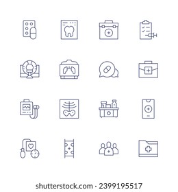 Conjunto de iconos médicos. Icono de línea delgada. Trazo editable. Contiene fármaco, tomografía, grifo, medidor de presión arterial, diente, rayos X, camilla, informe, kit médico, aplicación médica, botiquín de primeros auxilios.