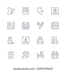 Medical icon set. Thin line icon. Editable stroke. Containing pregnancy, electroencephalogram, medicine, cardiogram, hospital sign, medical appointment, x rays, medical mask, x ray, medical cross.