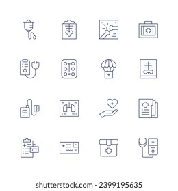 Conjunto de iconos médicos. Icono de línea delgada. Trazo editable. Con terapia intravenosa, diagnóstico, tensiómetro, salud, esqueleto, medicación, rayos X, prescripción médica, equipo médico, informe médico.