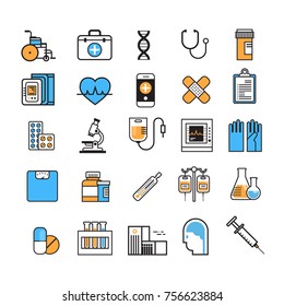 Signo delgado del equipo de la medicina de la línea en el concepto blanco del tratamiento hospitalario del fondo Ilustración vectorial