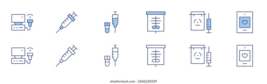 Medical icon set in two styles, Duotone and Thin Line style. Editable stroke. ultrasonography, injection, vaccine, x rays, medical, medical app.
