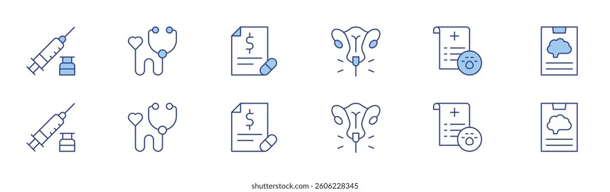 Medical icon set in two styles, Duotone and Thin Line style. Editable stroke. syringe, pap smear, medical report, medical check, medical insurance, receipt.
