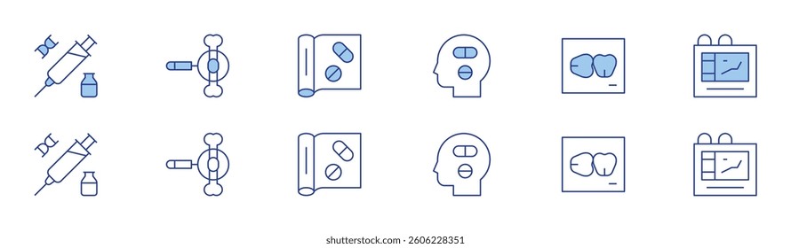 Medical icon set in two styles, Duotone and Thin Line style. Editable stroke. syringe, bones, pill, medication, x ray, medical laboratory.