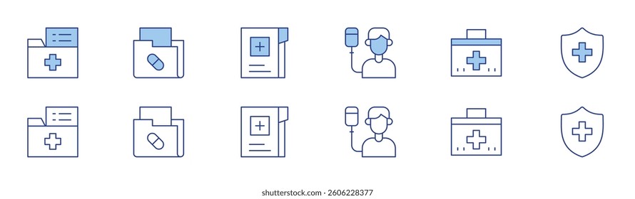 Medical icon set in two styles, Duotone and Thin Line style. Editable stroke. patient, folder, medical kit, medical folder, medical history, health insurance