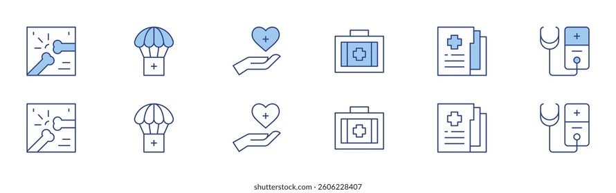 Medical icon set in two styles, Duotone and Thin Line style. Editable stroke. medical kit, medical report, medical checkup, bone, supplies, therapy.