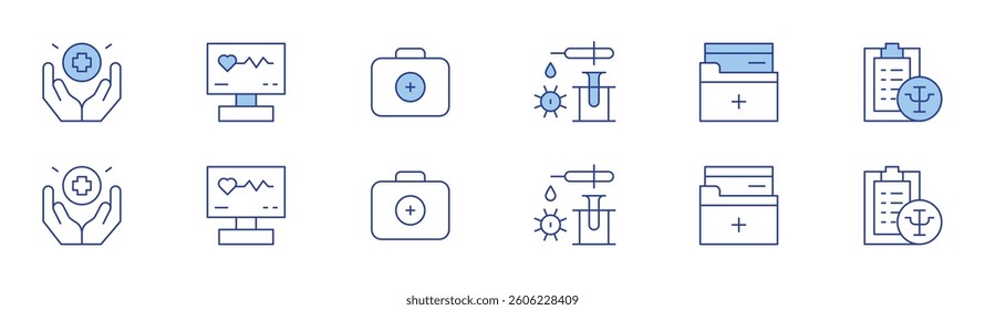 Medical icon set in two styles, Duotone and Thin Line style. Editable stroke. medical lab, medical file, medical history, health, monitor, first aid kit