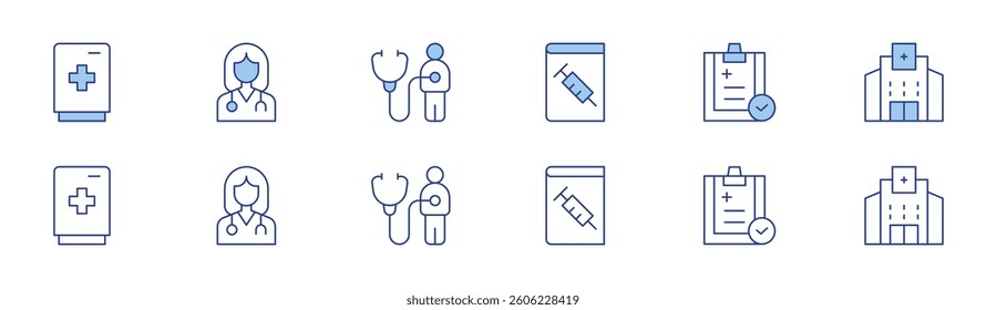 Medical icon set in two styles, Duotone and Thin Line style. Editable stroke. medical book, medical report, hospital, fridge, doctor, stethoscope