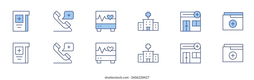 Medical icon set in two styles, Duotone and Thin Line style. Editable stroke. hospital, medical clinic, medical history, medical report, emergency call, ecg.