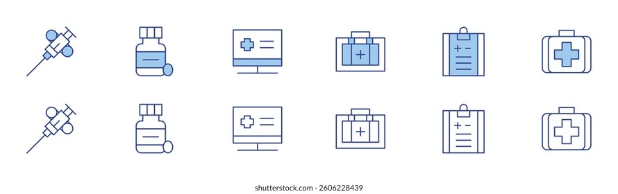 Medical icon set in two styles, Duotone and Thin Line style. Editable stroke. biopsy, medication, medical kit, medical report, first aid kit, hospital.