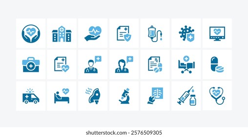 A medical icon set with vaccine, stethoscope, x-ray, oxygen mask, and more. Customizable vector illustrations perfect for various uses.