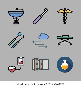 medical icon set. vector set about flask, dentist tools, pharmacy and stretcher icons set.