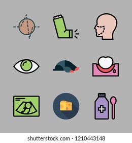 medical icon set. vector set about eye, products, tooth and medicine icons set.