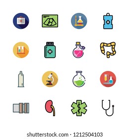 medical icon set. vector set about test tubes, flasks, lens and flask icons set.
