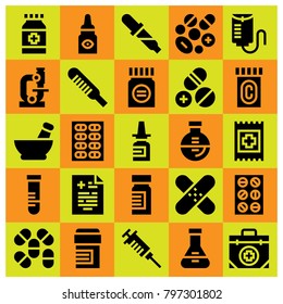 Medical icon set vector. aid, medical result, nasal spray and mortar