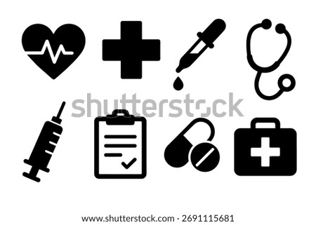 Medical icon set. Vector black symbols of healthcare and hospital glyph illustrations
