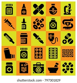 Medical icon set vector. bottle, medical result, pills and eye drops