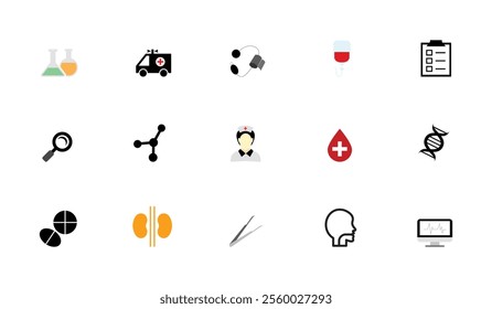 medical icon set vector design on white background. Medical icons set, line art minimal design: pills and bandage, nurse and doctor, heart and DNA, hospital and surgery, heart and eye, tooth and pills