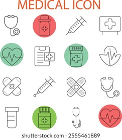 a medical icon set vector illastration , and clean vector illustration set of medical icons including a stethoscope, syringe, pill, cross, heartbeat, thermometer, test tube, first aid kit, hospital, 