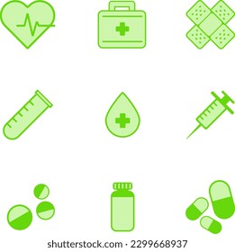 Icono médico conjunto ilustración vectorial. Icono médico para el diseño sobre medicina y primeros auxilios. Recursos médicos gráficos para hospitales, farmacia, laboratorio y clínica. Paquete de vectores del conjunto de símbolos de primeros auxilios