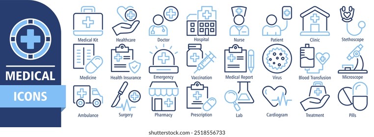 Medical icon set vector illustration. Containing doctor, medicine, hospital, treatment, healthcare, nurse, pills, clinic icons. Solid vector icons collection.