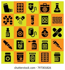 Medical icon set vector. inhaler, first aid kit, patch and tablets