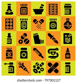 Medical icon set vector. mortar, flask, tablets and thermometer