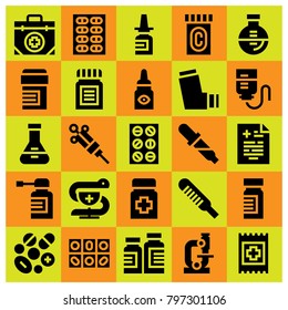 Medical icon set vector. nasal spray, band aid, pills and medical result