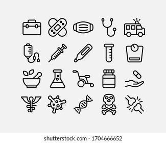 Conjunto de iconos médicos, estilo con delineado vectorial, trazo editable