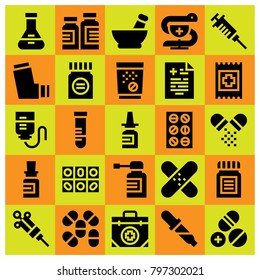 Medical icon set vector. pills, drop counter, aid and medical result