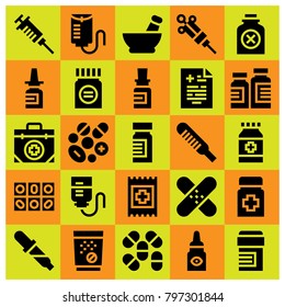 Medical icon set vector. pipette, bottle, aid and mortar