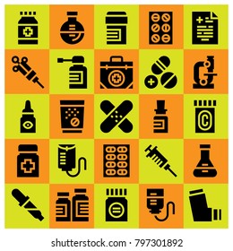 Medical icon set vector. pipette, syringe, flask and medical result