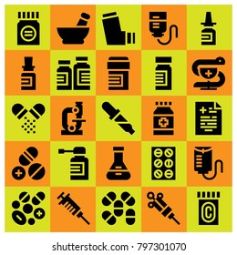 Medical icon set vector. medical result, flask, pills and drop counter