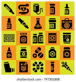 Medical icon set vector. syringe, band aid, flask and medical result