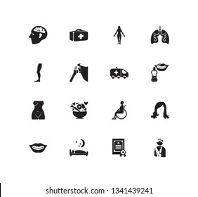 Medical icon set and woman body with ambulance, navel and disability. First aid kit related medical icon vector for web UI logo design.